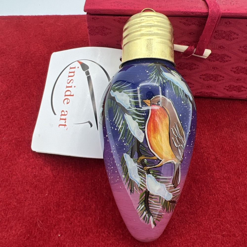 Christmas‎ ornament  INSIDE ART BY FIGI ROBIN BIRD LIGHT BULB ORIGINAL BOX